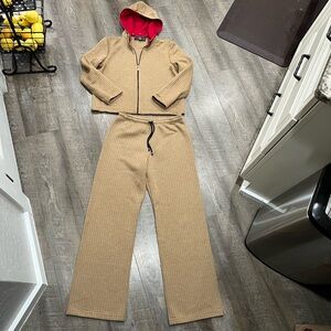 St. John Sport by Marie Gray Tan Knit Hoodie and Wide-Leg Pants with Red Lining